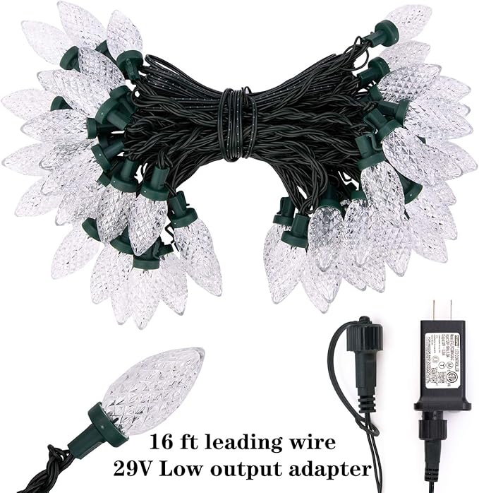 AWQ 50LED 49 FT C9 Christmas String Lights Plug in Fairy Twinkle String Lights 8 Modes Timer Function Waterproof Extendable for Indoor Outdoor Wedding Party Christmas Decoration (50, Warm White)