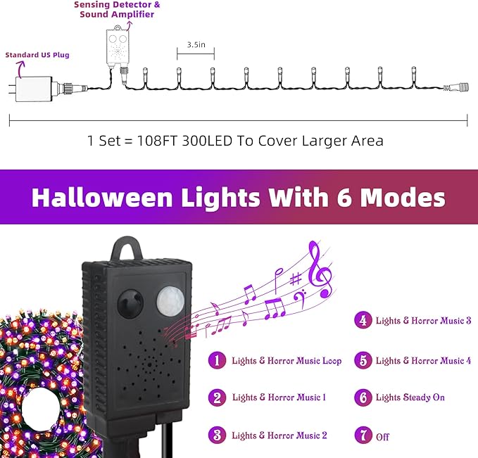 Chuya Halloween Light Decor Music Orange Purple Lights105FT 300 LED String Fairy Lights 6 Modes UL588 Waterproof Outdoor Indoor Decoration for Party Garden Christmas