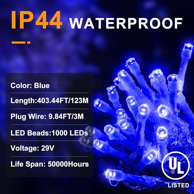 KNONEW 403ft 1000 LED String Lights Outdoor Christmas Light 8 Modes & Timer Fairy Lighting Plug in Waterproof for Xmas Yard Tree Wedding Party Holiday Decorations (Blue)