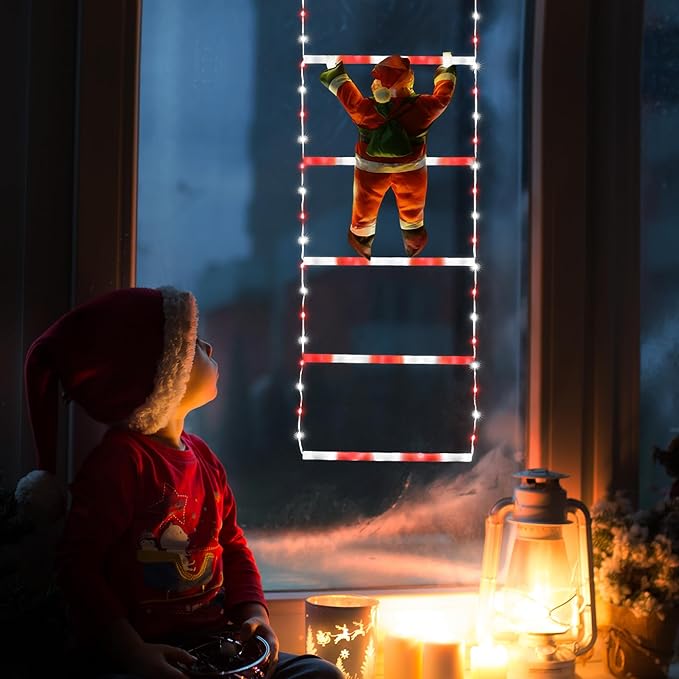 Toodour LED Christmas Light - 2.5FT Christmas Decorative Ladder Lights with Santa Claus, Xmas Decorations Light for Indoor Outdoor, Window, Garden, Home, Wall, Xmas Tree Decor - White & Red