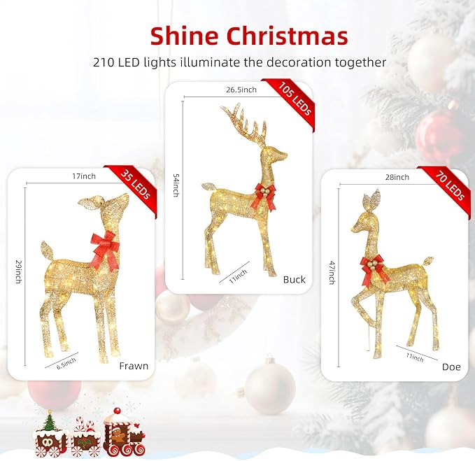 Lighted Christmas Decoration Deer 3 Piece, HOYECHI Light up Christmas Decor Reindeer Family Set for Indoor Outdoor Front Yard Porch with LED Lights, Plug, Ground Stakes - Gold