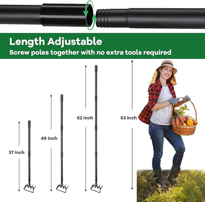 Hoe, Gardening Tool, Weed Tool, Long Soil Tiller Cultivator, Heavy Duty Metal Weeder for Flower Beds, Patio, Garden Loosening Soil Weeding Digging