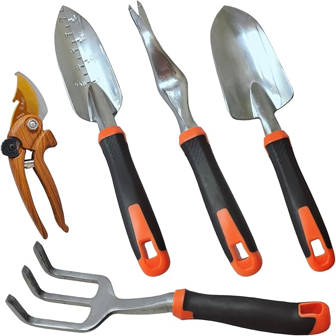 Gardening Tool Set Including Hand Trowel, Transplant Trowel, Cultivator Hand Rake, Pruning Shears and Weeder, Non-Slip Rubber Grip (5 pcs Orange)