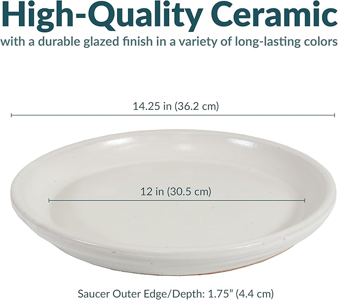 Sunnydaze 12-Inch Ceramic Plant Saucers - Plant Drip Trays for Outdoor Planter Flower Pot Drainage - Set of 2 - Pearl