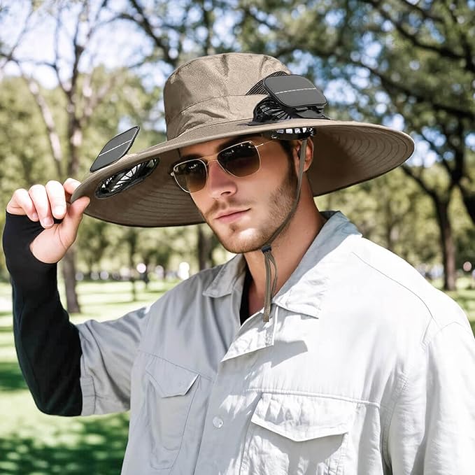 Solar Powered Fan Hat for Men Women Wide Brim Hat with 2 Fans UPF 50+ Outdoor Fishing Beach Sun Hat