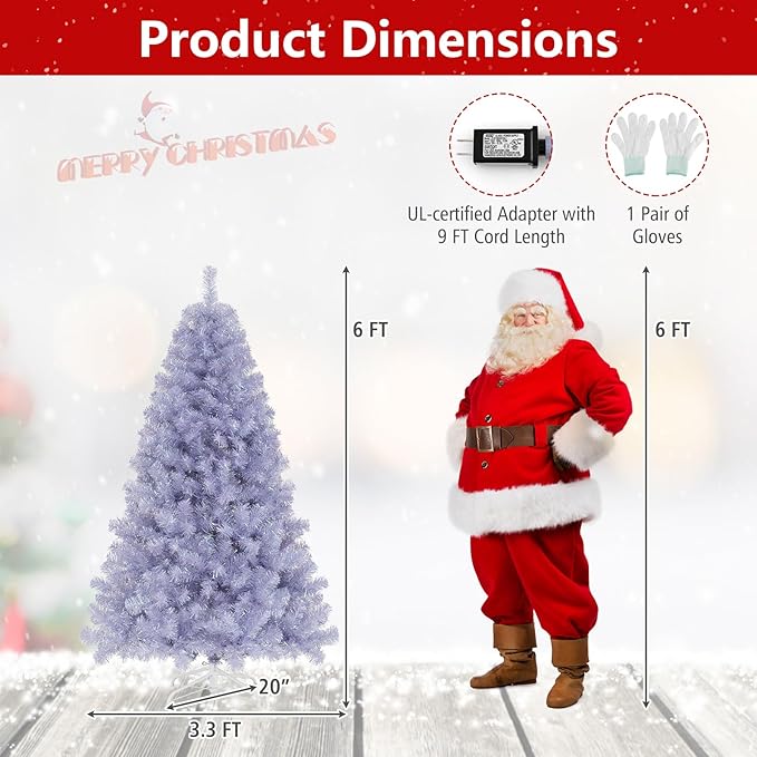 Goplus 6 FT Pre-Lit Tinsel Christmas Tree, Artificial Hinged Xmas Tree with 250 Warm White LED Lights, 8 Modes, 688 Lush Branch Tips, Metal Stand, Home Office Seasonal Holiday Decoration, Lavender