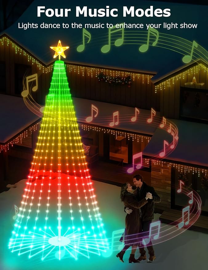 8FT Outdoor Christmas Tree, Smart RGBW Lighted Christmas Cone Tree App and Remote Control, DIY Multi-Color Lightshow 355 LEDs Christmas Tree with Timer and Music Sync, Christmas New Year Decoration