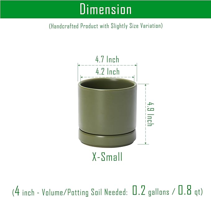 D'vine Dev Set of 4 Small Ceramic Plant Pots, 4.6 Inch Succulent Planter Pot for Plants with Drainage Hole and Saucer, Olive, 94-X-B-0