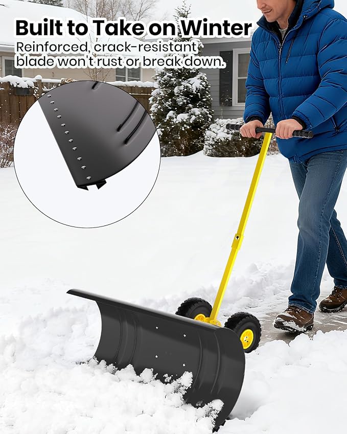 36" Snow Pusher Shovel with Wheels, Adjustable Ergonomic T-Handle Snow Plow for Driveway, Heavy Duty Wheeled Rolling Shovels for Driveway and Sidewalks with Angeled Blade