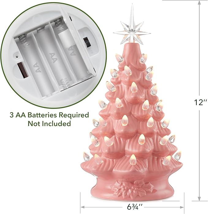 Casafield Hand Painted Ceramic Christmas Tree, Pink 12-Inch Pre-Lit Tree with 100 Multi Color Lights and 2 Star Toppers