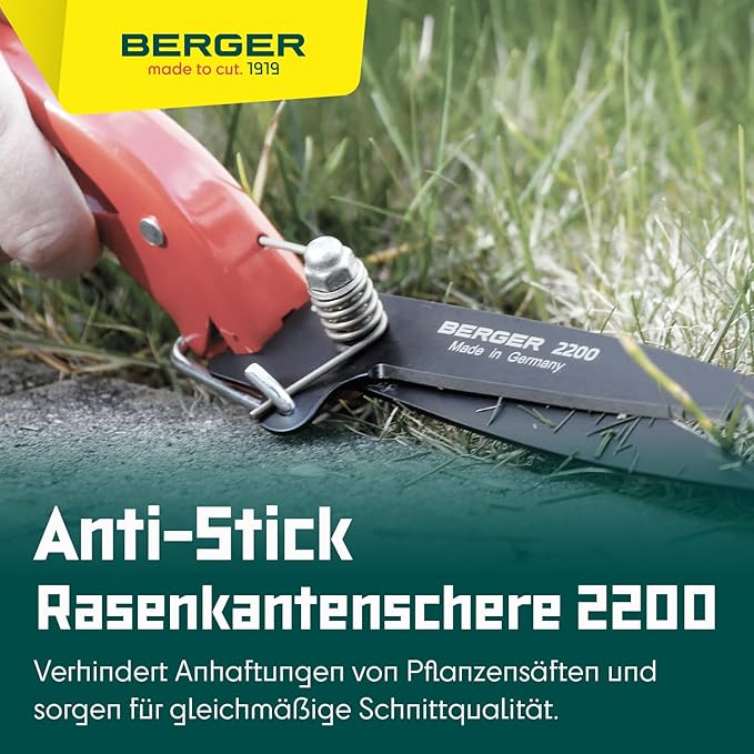 BERGER Commercial Grade Grass Shears, Self-Sharpening Steel Blades with Anti-Stick Coating, Forged Steel Body, Ring Clasp for Hanging Storage, 2200