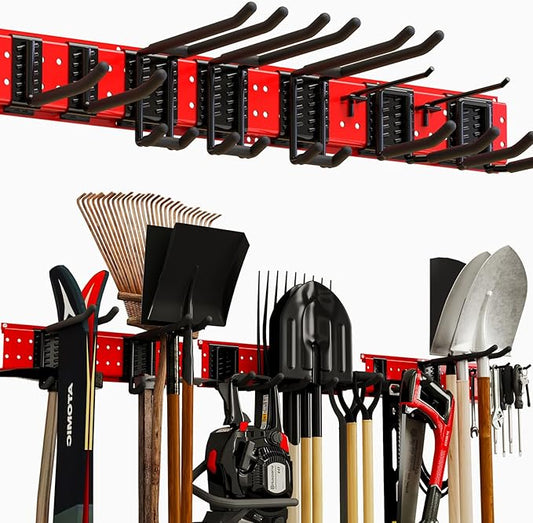 Garage Tool Organizer Wall Mount 49.5inch With 9 Hooks,Shovel Holder Wall Mount Ski Rck for Garage Garden Tool Rack Heavy Duty(Red)