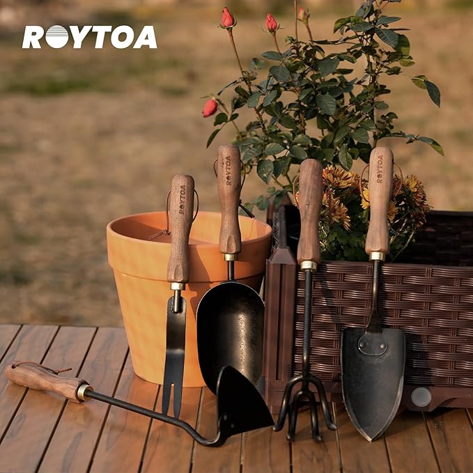 Garden Tool Set,5Pcs Gardening Tools,Stainless Steel Heavy Duty Hand Cultivator, Hoes，Shovel, Trowel and Weeder with Ergonomics Walnut Handle，Gardening Gifts for Women