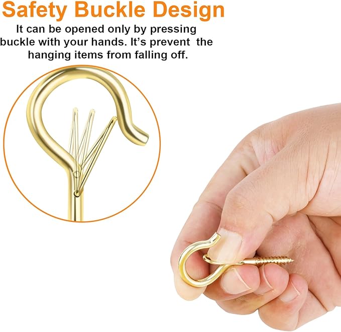 36 PCS Q-Hanger Hooks, Screw Hooks for Outdoor String Lights, Safety Buckle Design Cup Eye Hook for Hanging Christmas Lights, Plants, Mounted on Wall Ceiling, Include 1 Wing Nut Driver, Gold