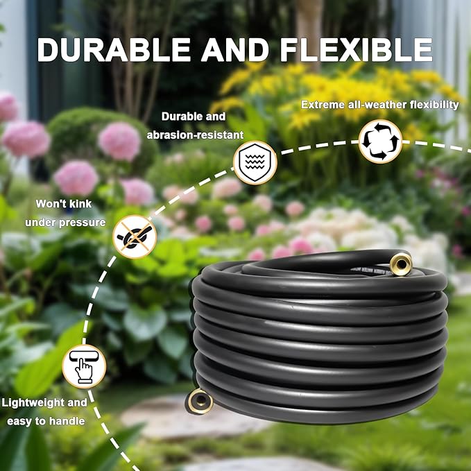 Aain 50FT 5/8 Heavy Duty Flexible Durable Rubber Garden Hose with Brass Fittings Kink Free Leakproof for Gardening Agriculture Car Washing Black