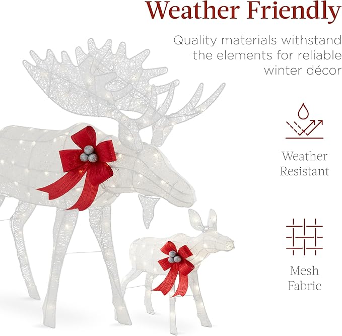Best Choice Products 5ft 2-Piece Moose Family, Lighted Outdoor Christmas Yard Decoration, Light-Up Décor Set w/ 370 LED Lights, Zip Ties - White