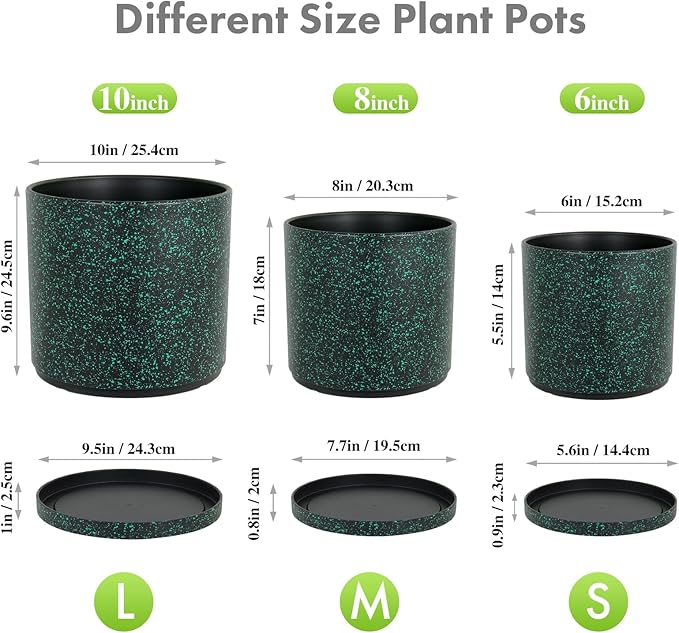 10/8/6 inch Large Deep Plant Pots for Outdoor Indoor Plants, 3 Pack Tall Cylinder Flower Pots, Plastic Planters with Drainage Holes and Saucers for Garden House, Black with Green Speckles