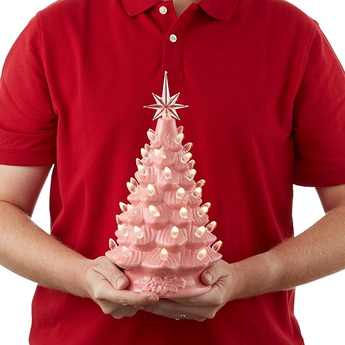 Casafield Hand Painted Ceramic Christmas Tree, Pink 12-Inch Pre-Lit Tree with 100 Multi Color Lights and 2 Star Toppers