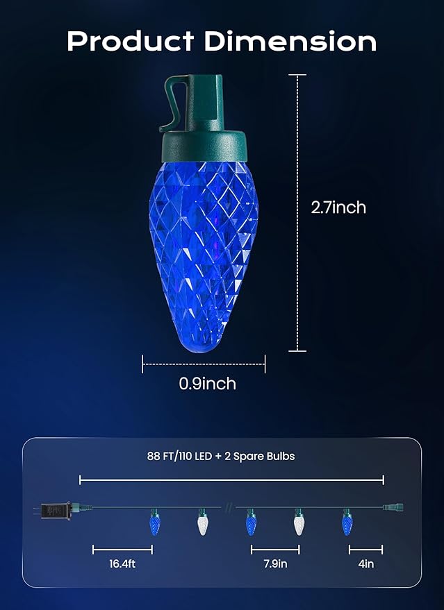 C9 Christmas Outdoor Lights, 72 FT 110 LED C9 String Lights, 8 Modes & Timer Extendable Waterproof for Christmas Tree Indoor Outdoor Roofline Patio Outside Garden Backyard Xmas Decor, Blue White