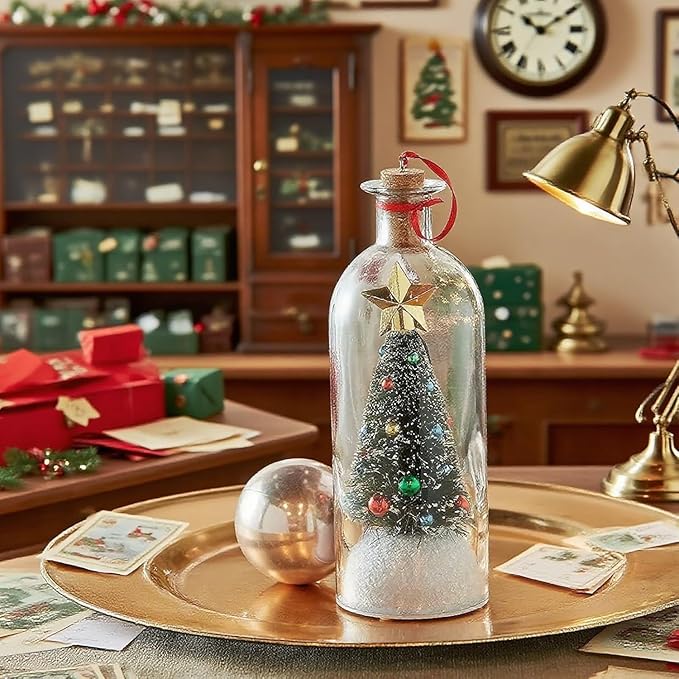 Christmas Tree Message in a Bottle,Recordable Christmas Tree Voice Message Bottle Ornament,with Playback Cork,Snowy Scene in Vintage Bottle,Unique Christmas Festive Gift (2)