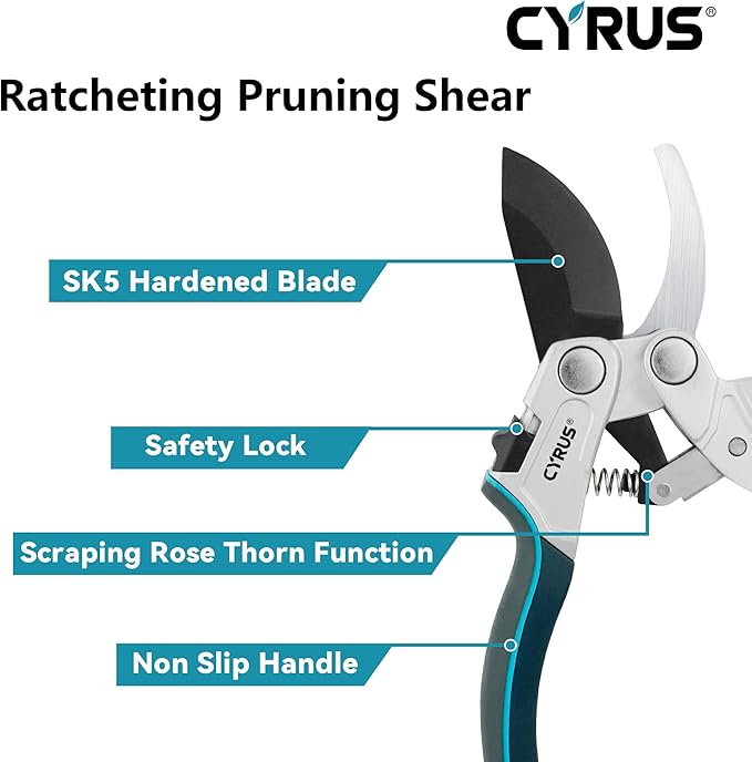 CYRUS Pruning Shears for Gardening,8" Pruning Shears Heavy Duty Wheel Effortless Pruning Non Stick Coating Blade with Anti Slip Handle Scissors Widely Used for Gardening, Hydrology, Grow Tents
