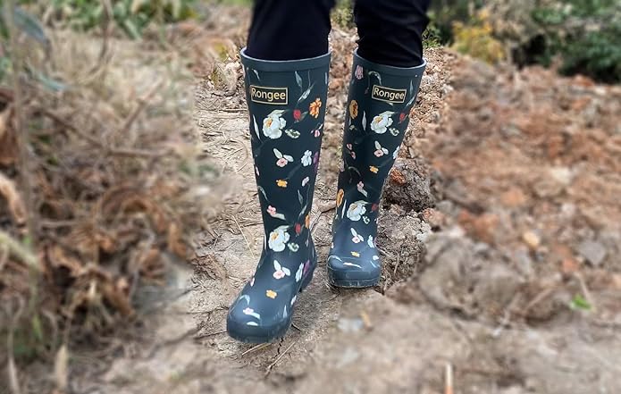 Rongee Rain Boots for Women Waterproof Garden Outdoor Mud Boots Printed with Adjustable Buckle