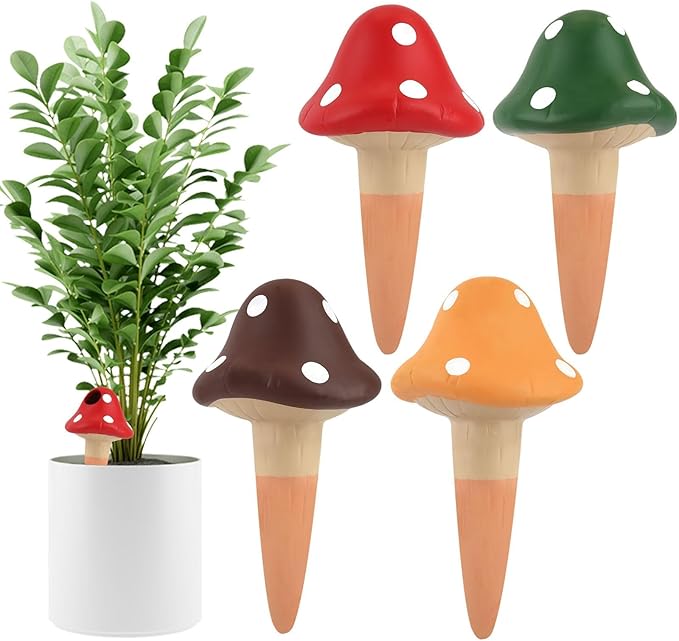 4Pcs Plant Watering Globes, Kalolary Self Watering Spikes Terracotta Drip Water Stakes Irrigation Watering Bulbs for Pot, Indoor, Outdoor, Vacation (Mushroom)