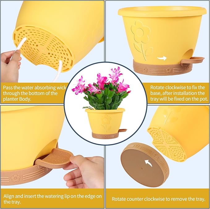 Plastic Plant Pots 10 Inch Set of 4, Self Watering Pots with Drainage Holes, Saucer & Reservoir, Flower Pots for Indoor/Outdoor Plants, Decorative Nursery Planting Pots (Yellow)