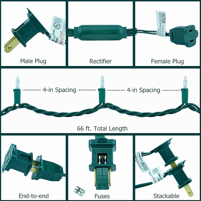 YULETIME 200 Count Cool White LED Christmas Lights, 66 Feet Green Wire UL Certified Commercial Grade Holiday String Light Set (Cool White)
