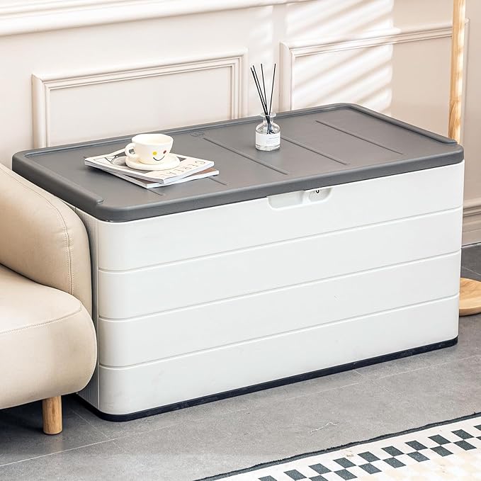 100 GAL Resin Deck Box - Lockable Waterproof Outdoor Storage Bench for Patio Cushions, Garden Tools & Pool Accessories - Wood-Look Texture, White
