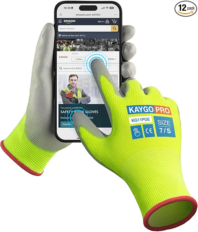 KAYGO Safety Work Gloves PU Coated for Men and Women, KG11P 12 Pairs, Seamless Knit Glove with Two Fingers Touchscreen,Ideal for General Duty Work (Green,S)