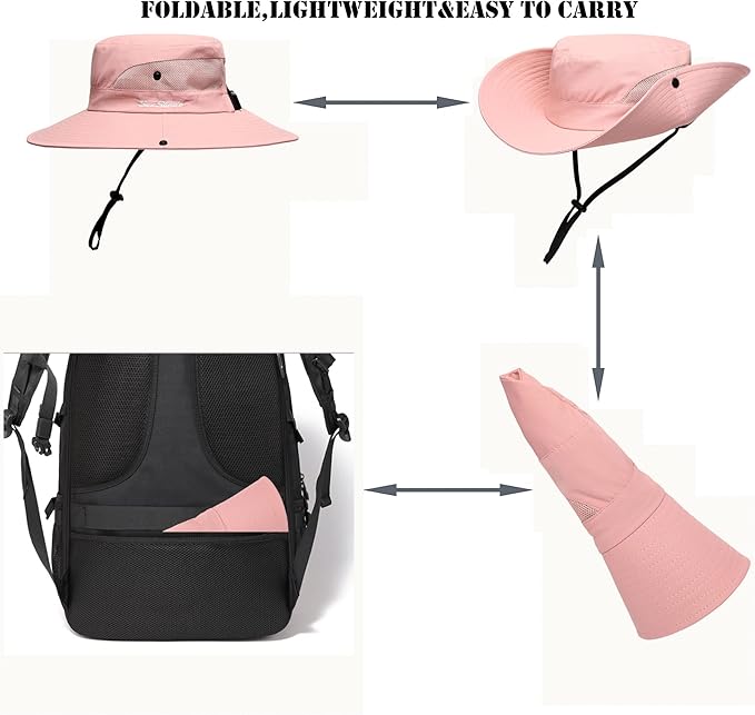 Womens Summer Sun Hat Beach Hat Wide Brim Outdoor UV Protection Hat Foldable Cool Mesh Ponytail Bucket Hat