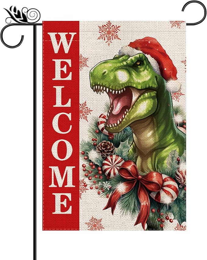 Christmas Garden Flag Welcome Xmas Dinasour Winter Holiday Decorations Burlap Vertical Double Sided Farmhouse Yard Lawn Outdoor Decor 12.5 x 18 Inch