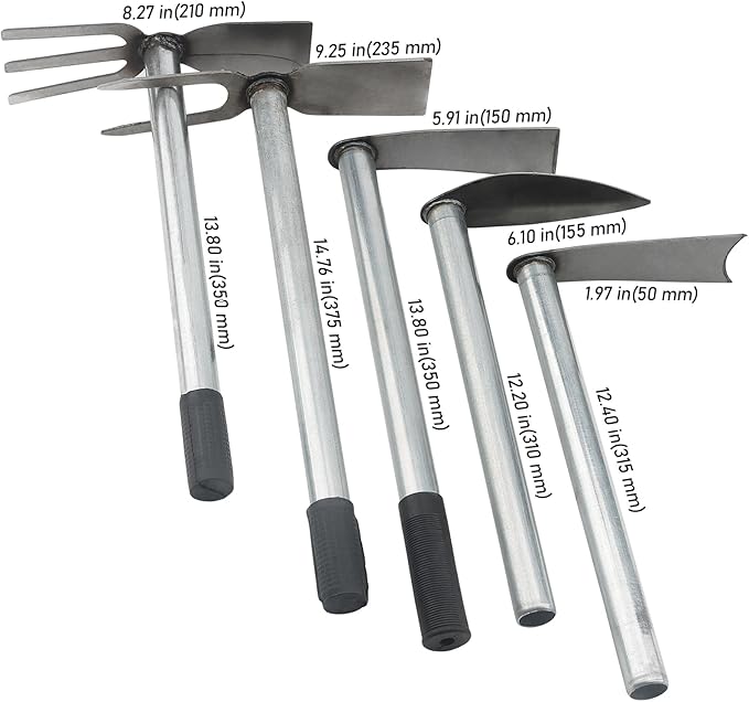 5 PCS Hoe Garden Tool Set, Hoe and Cultivator Hand Tiller, Heavy Duty Digging Hoes, 2 Fork and 3 Fork Hand Tiller for Gardening Weeding Digging Loosening Soil, Carbon Steel