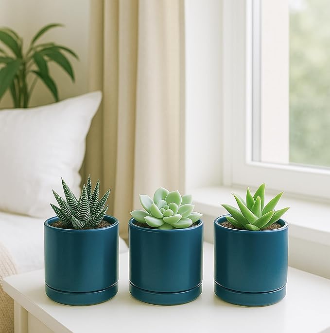 D'vine Dev Set of 3 Plants Pots, 3.5 Inch Ceramic Planter Pot for Plants with Drainage Hole and Saucer, Teal, 94-N-A-9