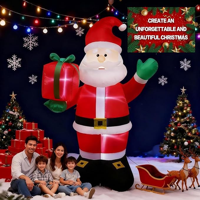 8 FT Christmas Inflatables Santa Claus Outdoor Decoration, Giant Christmas Blow up Santa Claus inflable with Red Gift Box, Built-in LED Lights,Xmas Outside Decor for Front Back Yard Garden Lawn