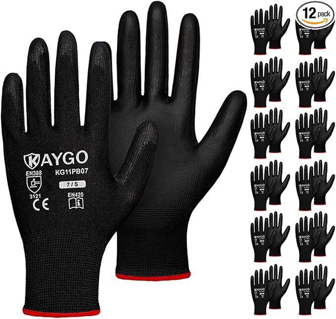 KAYGO Safety Work Gloves PU Coated,12 Pairs KG11PB Seamless Knit Glove for Men and Women, with Smooth Grip on Palm and Fingers, Ideal for General Duty Work (Small, Black)