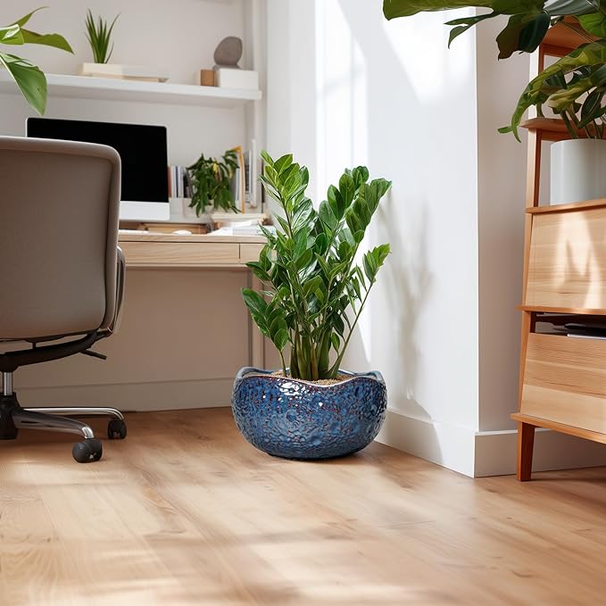 Bonsai Pots - 13 Inch Large Ceramic Planter for Indoor Outdoor, Round Decorative Plant Pots with Drainage Hole, Modern Unique Flower Pots, Patio Decor, Housewarming Gifts, Retro Blue