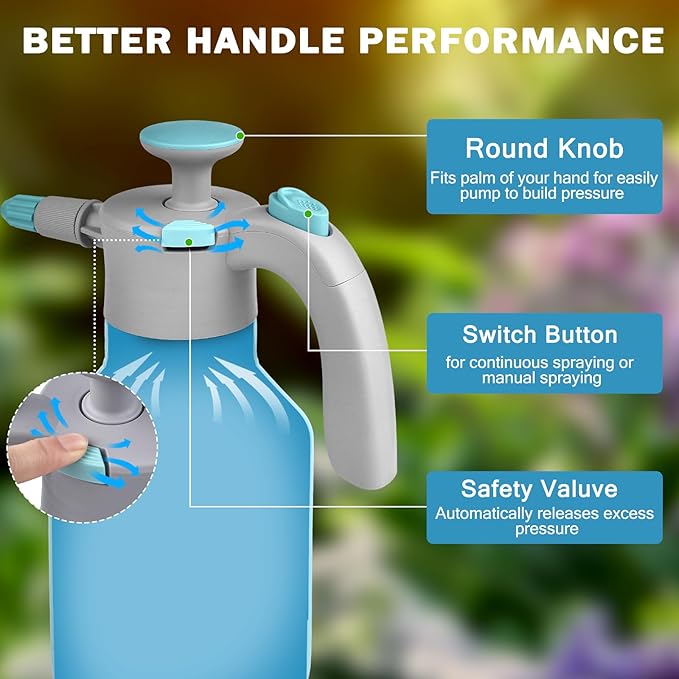 Garden Hand Pump Sprayer 1/2 Gallon Pump,68 Oz Handheld Pressure Sprayer with Safety Valve,Adjustable Nozzle,360° Extended Spray Rod,Ideal for Plants Watering, Fertilizing,Cleaning