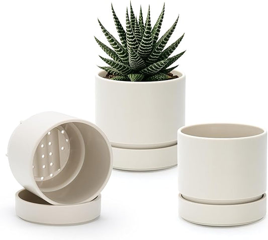 Phoenix Vine 4 Inch Planter Pot with Drainage Hole & Saucer, Deep Water Catch Tray, Straight Cylindrical Round Pot for Plants, Oatmeal, Pack of 3, 23-E-R-3