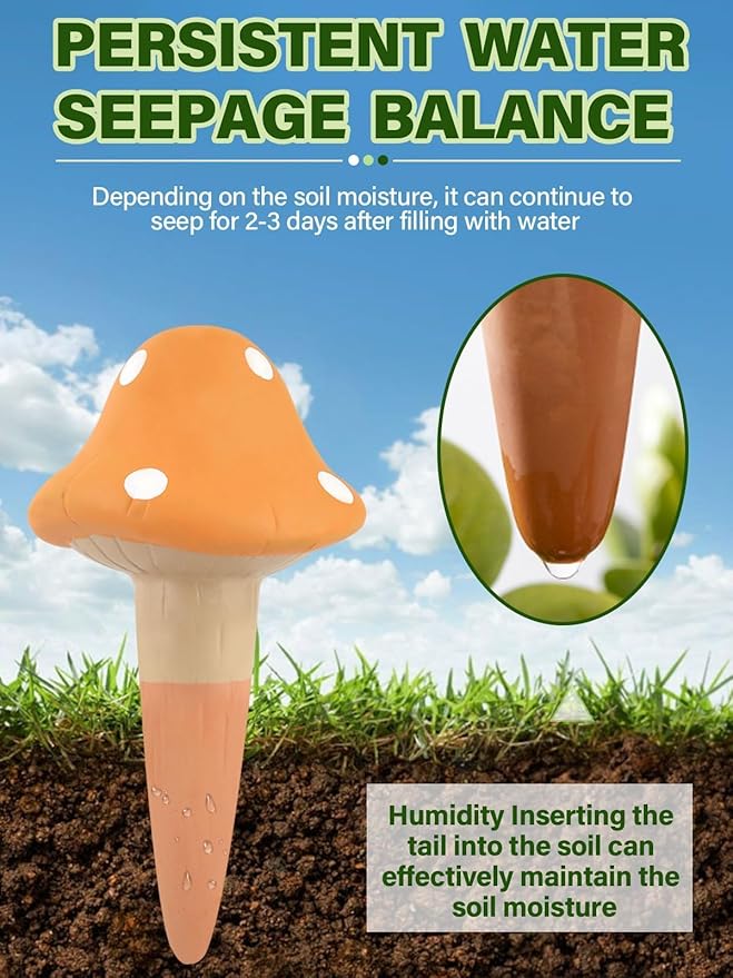 4Pcs Plant Watering Globes, Kalolary Self Watering Spikes Terracotta Drip Water Stakes Irrigation Watering Bulbs for Pot, Indoor, Outdoor, Vacation (Mushroom)