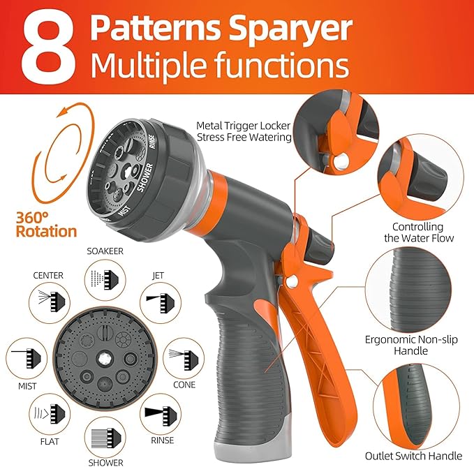 Garden Water Hose 50 ft x 3/4 in Heavy Duty, Flexible and Lightweight, Burst 600 psi, Kink-less Hybrid Rubber Pipe for Backyard, 3/4'' Brass Fittings, Orange