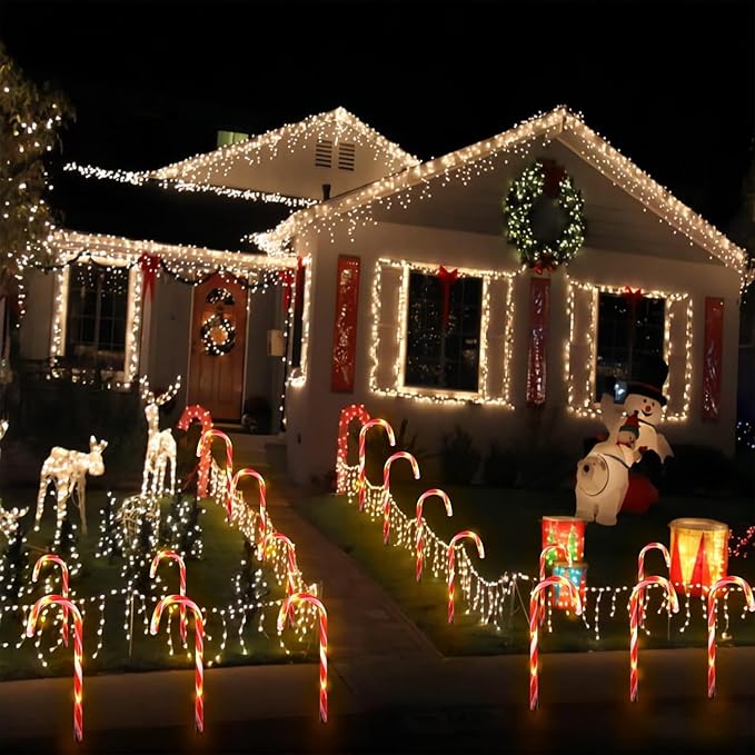KAQ 24 Pack Upgraded Solar Candy Cane Lights, Waterproof Outdoor Pathway Stake Christmas Lights with 8 Modes, Solar for Outside Yard Walkway Garden Christmas Decorations