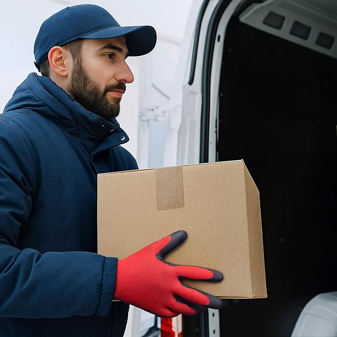 KAYGO Winter Work Gloves for Men and Women, 12 Pairs Thermal Insulated Safety Work Gloves PU Coated, Smooth Grip on Palm & Fingers,Ideal for Freezer Work,Red,S