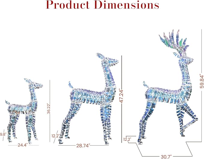 AWQM 3-Piece Lighted Christmas Reindeer, Christmas Deer Family Set, 50+80+100 LED Lights, Indoor or Outdoor Christmas Holiday Decoration for Yards Garden Lawn Patio Light Up Display, Iridescent