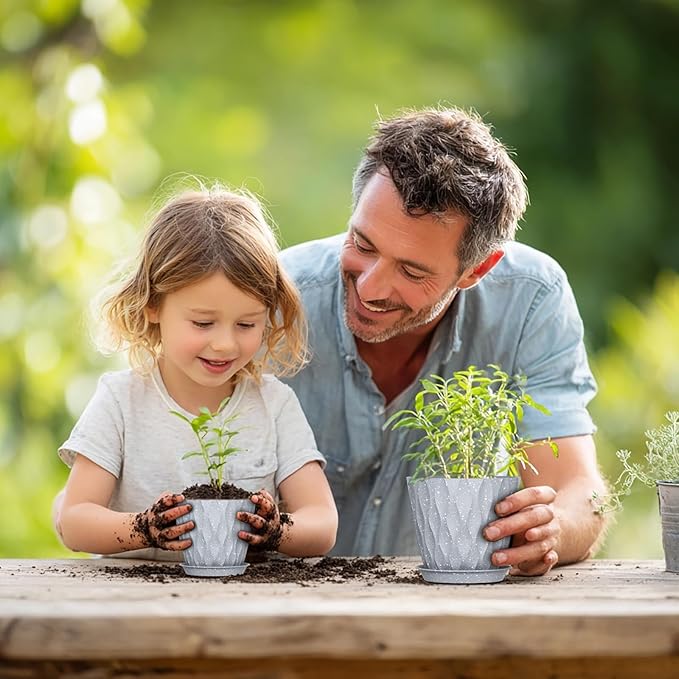 7/6.5/6/5.5/5/4.5/4 inch Plant Pots for Indoor Outdoor Plants, 7 Pack Thick Flower Pots with Drainage Holes and Saucers, Modern Wave Texture Plastic Planters Nursery Pots, Speckled Grey