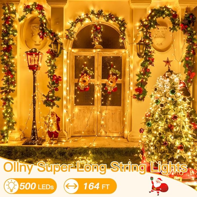 Ollny Christmas Lights, 500LED 164FT Long Christmas Tree Lights with 8 Modes Remote Timer IP44 Waterproof, Outdoor Christmas Lights for Tree House Yard Outside Xmas Decorations Warm White