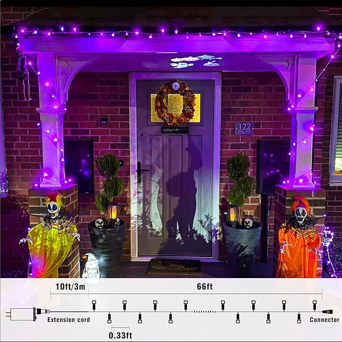 66FT 200 LED Outdoor String Lights, Purple Halloween Lights Waterproof 8 Modes, Connectable Halloween Decorations Lights Clear Wire for Indoor House Bedroom Tree Patio Garden Party