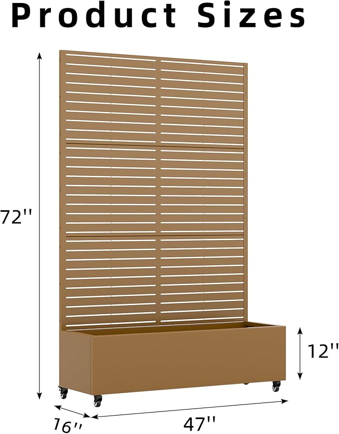 Casaphoria Metal Raised Garden Bed with Trellis and Wheels, 72"x47"x16" Planter Box for Climbing Plants, Vegetables & Vines, Features Drainage Holes and Privacy Screen (Brown-Louvered)
