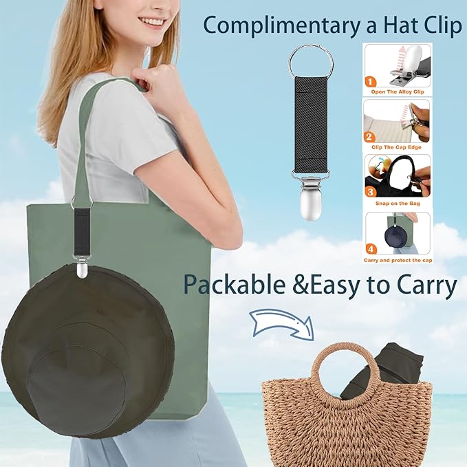 vidsel Womens Sun Hats Wide Brim Reversible Bucket Cotton Hat Packable Summer Travel Cap with Hat Clip,UV Protection
